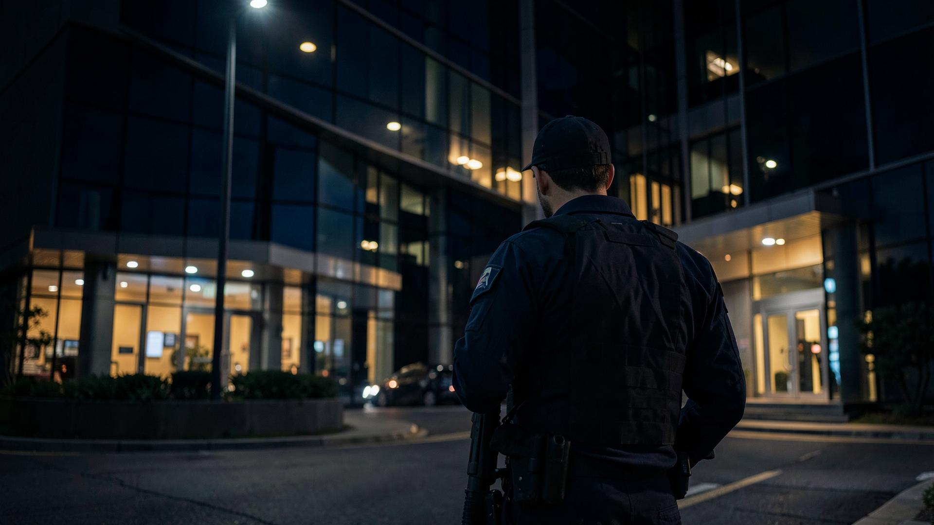Agent de sécurité First Protect Plus en faction devant un immeuble de nuit à Oran